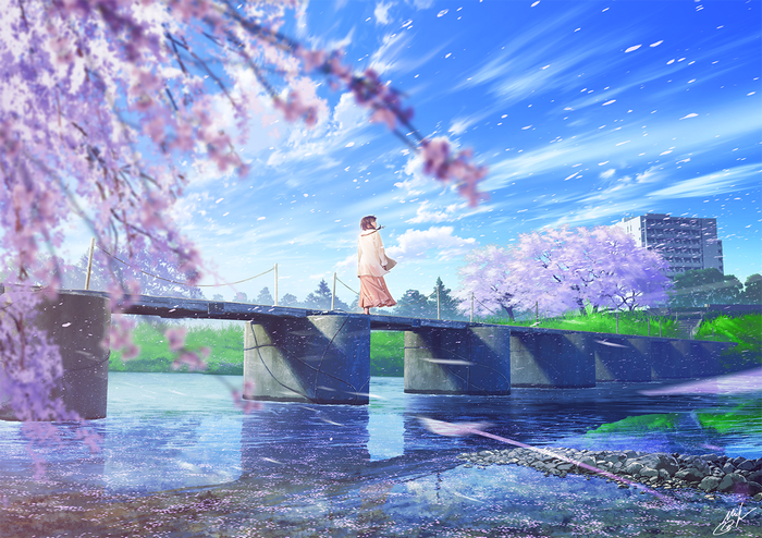 Girl on a bridge under cherry blossoms