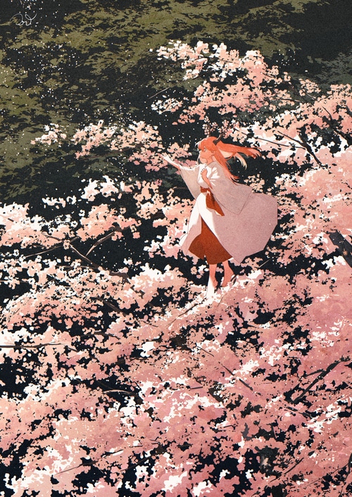 Girl with horns in cherry blossoms