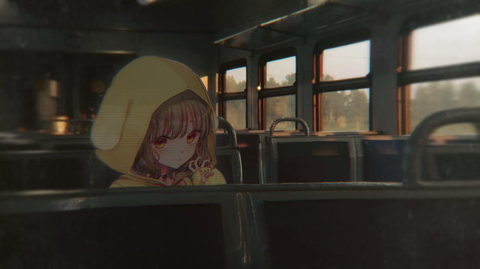 Anime girl in yellow hoodie on a train