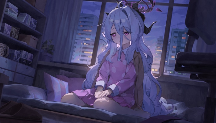 Sorasaki Hina from Blue Archive in pajamas by the window
