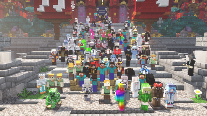 Minecraft group photo with Steve, Alex, and creeper