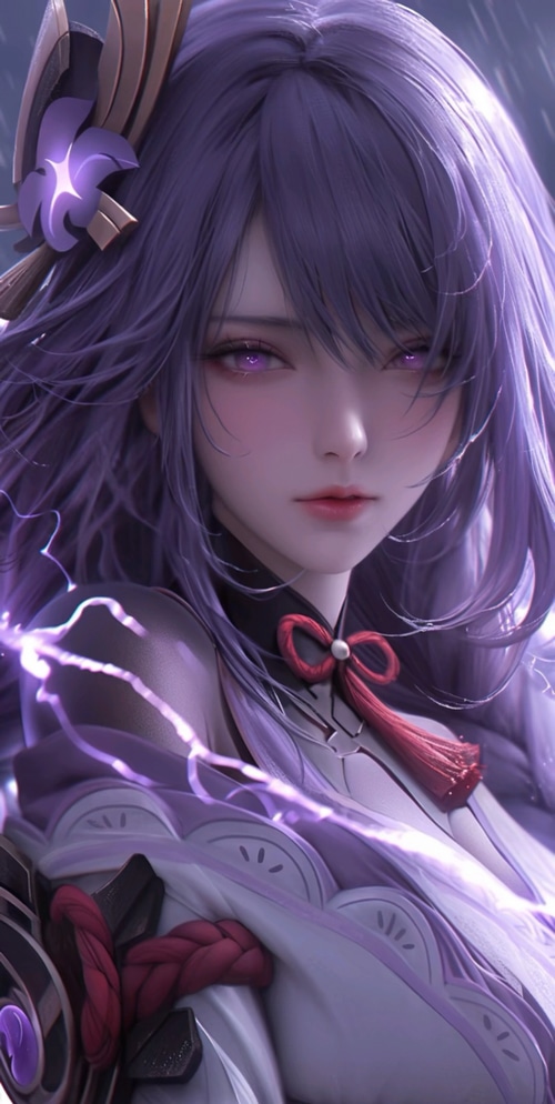 Raiden Shogun with purple hair and lightning