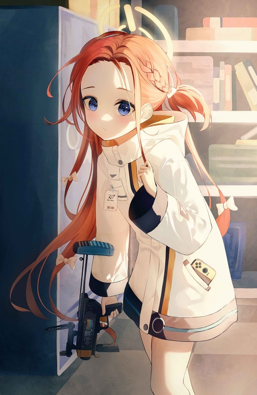 Hanaoka Yuzu from Blue Archive holding a gun
