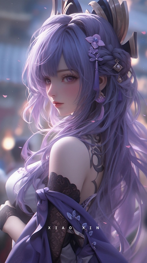 Raiden Shogun with purple hair and petals