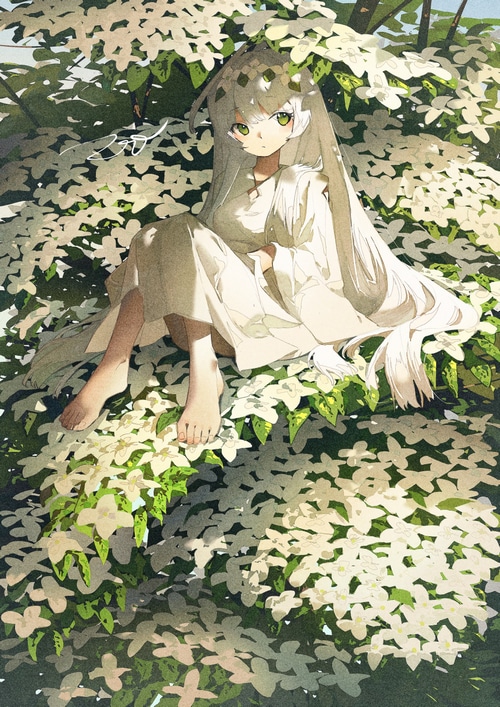 Girl in white dress sitting in white flowers