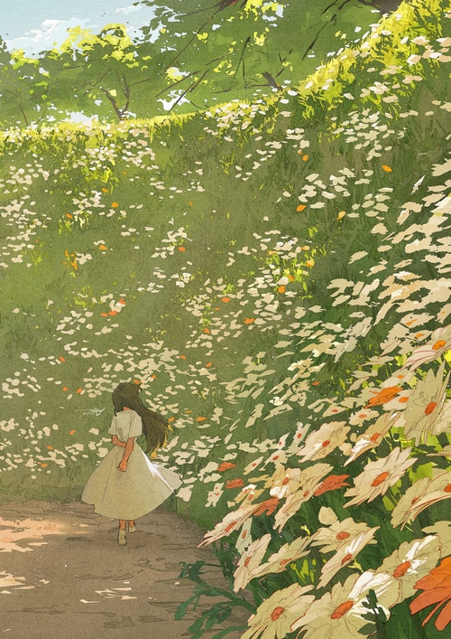 Anime girl in a white dress walking through a field of flowers