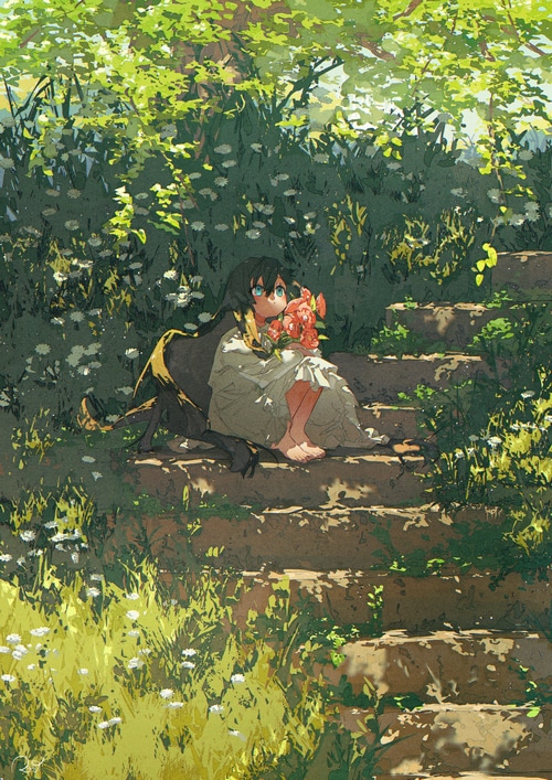 Girl with flowers on stone stairs