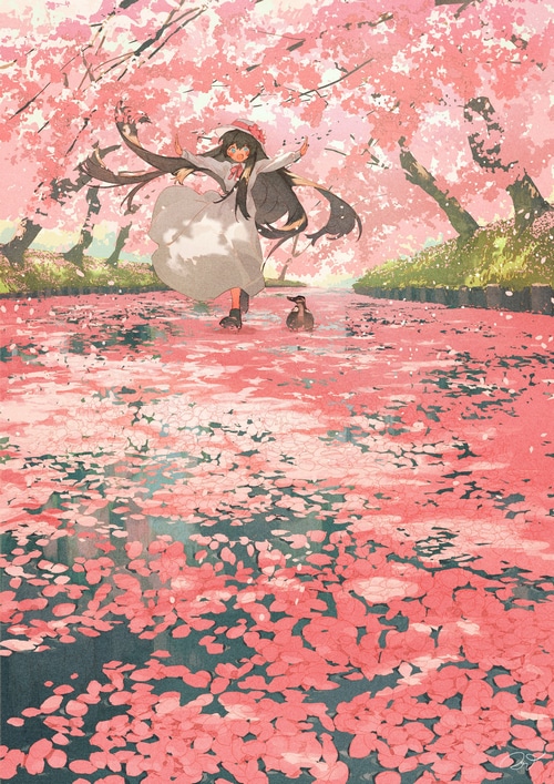 Girl and duck under cherry blossom trees