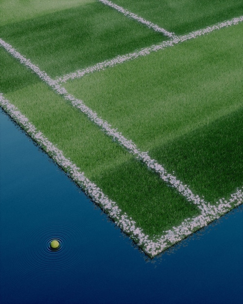 Tennis court with flowers and a tennis ball in water