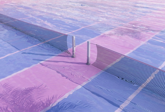 Digital art of a flooded tennis court with pink and blue lines