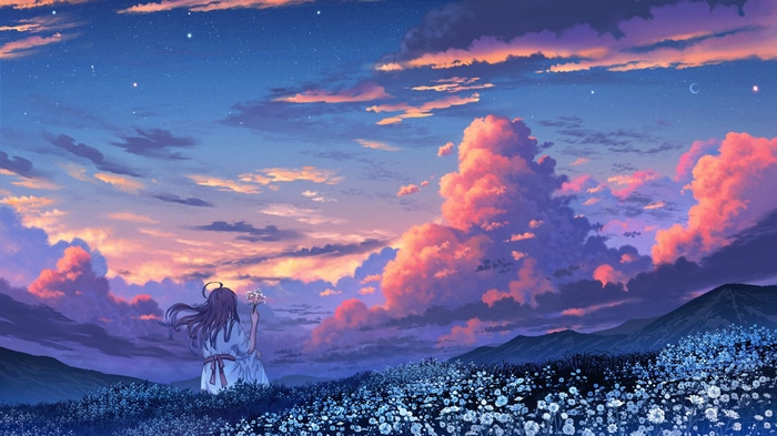 Girl in flower field under sunset clouds