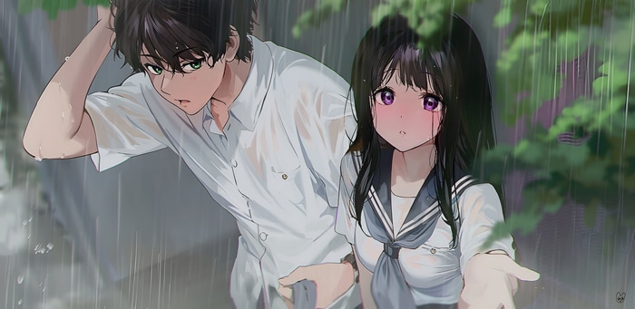 4K Hyouka: Oreki Houtarou and Chitanda Eru in the rain