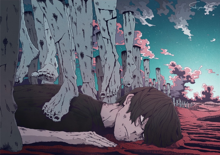 Sakiyama anime art of a person lying down with giant legs above