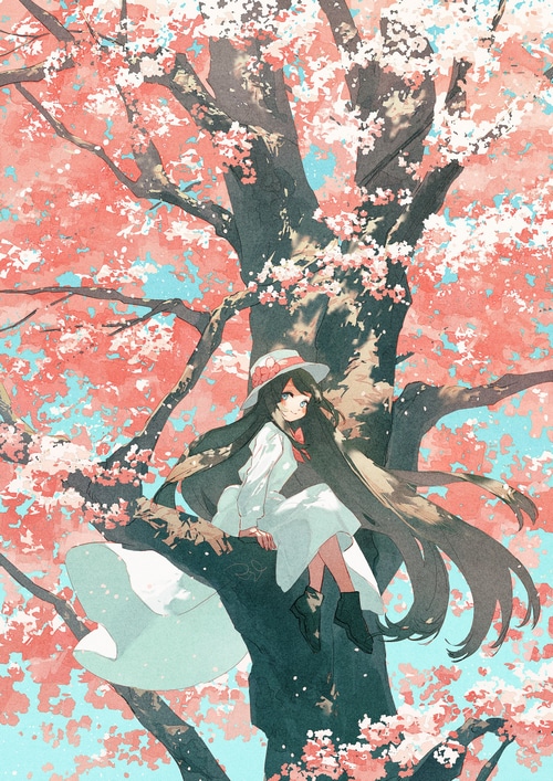 Girl in a Hat Sitting in a Cherry Blossom Tree