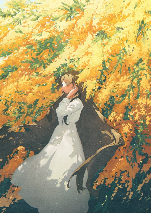 Girl in white dress under yellow flowers