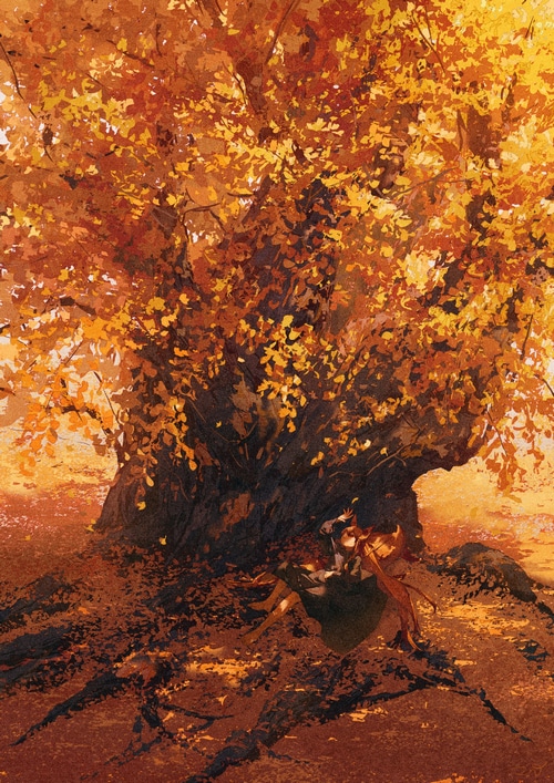 Fox girl resting under a large autumn tree