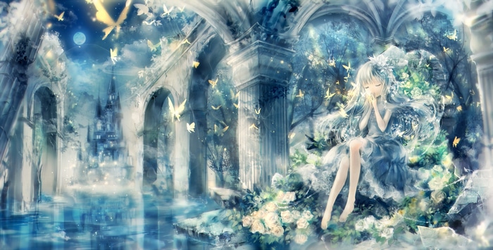 Anime girl in a blue dress with butterflies near a castle