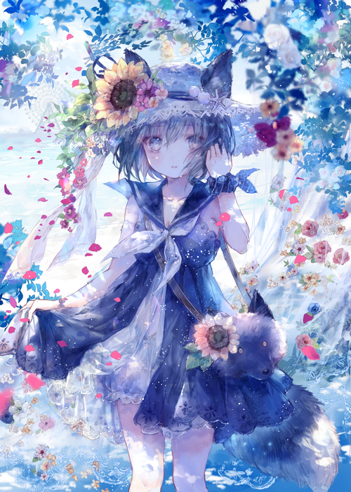 Cat girl with a purse and flowers