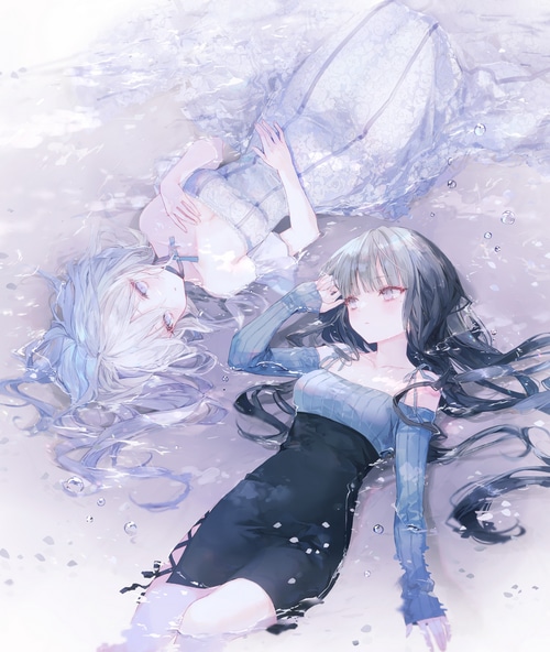 Two anime girls lying in water