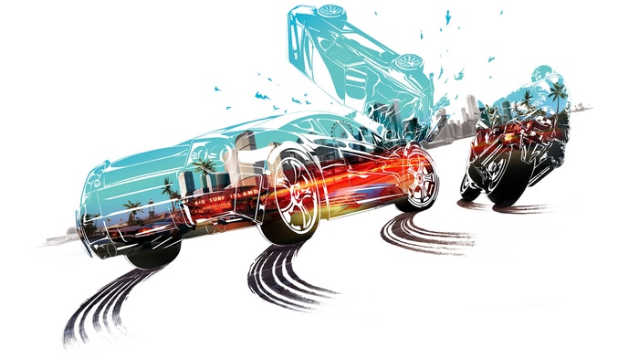 Burnout Paradise car and motorcycle with tire tracks