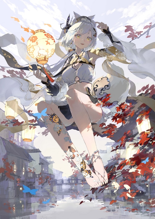 Anime girl with lantern and butterfly tattoos