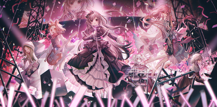 Anime girls performing on a concert stage with confetti