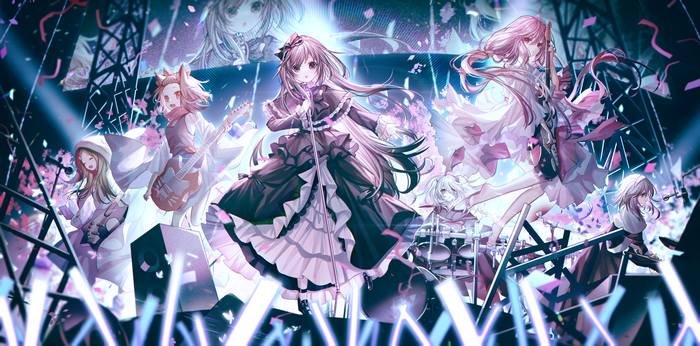Anime girls performing on a concert stage with instruments
