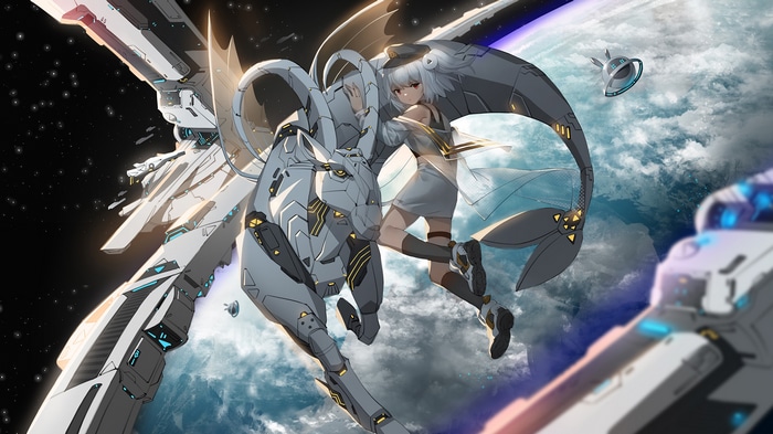 Girl with robotic goat in space near planet