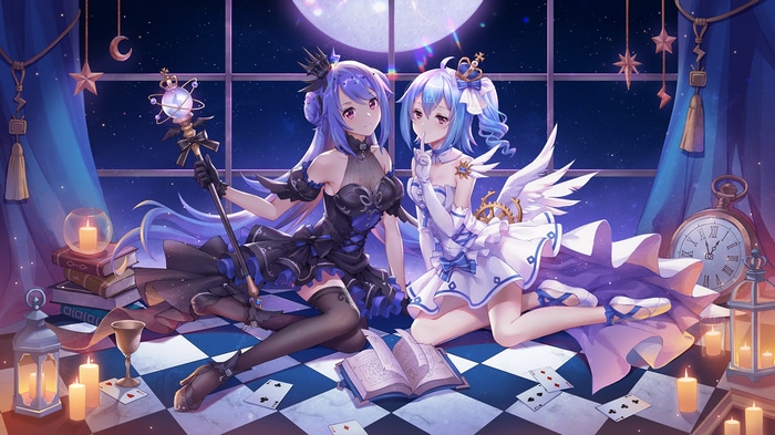 Two anime girls with magical staffs and dresses by a window