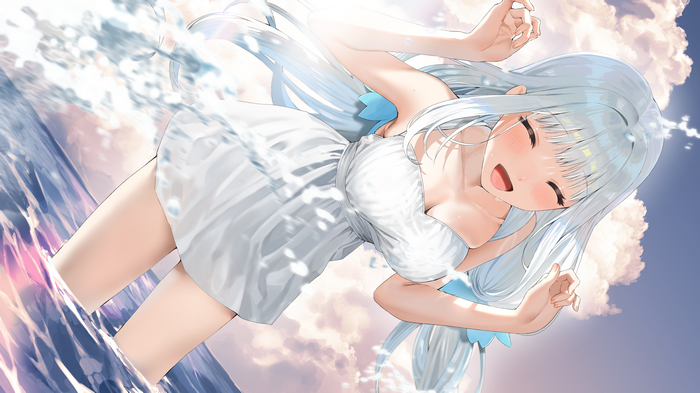 Girl in white dress standing in water with clouds