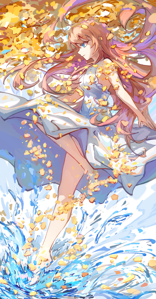 Anime girl with pink hair and blue eyes in water with petals