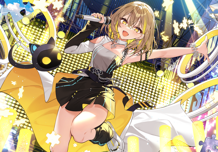 Anime girl with microphone on stage with puzzle pieces