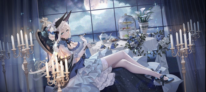 Woman in a blue and white dress with fox ears at a tea party