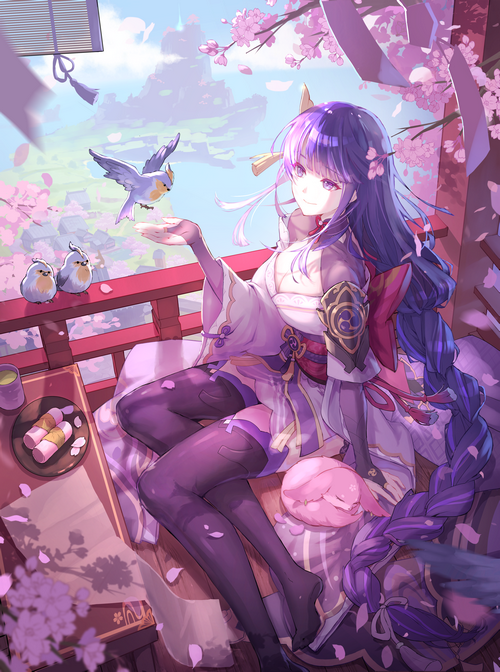Raiden Shogun from Genshin Impact with birds and cherry blossoms