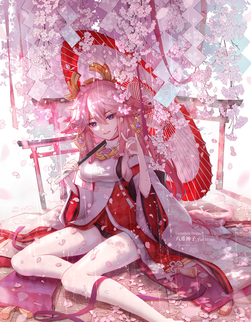 Yae Miko under a cherry blossom umbrella