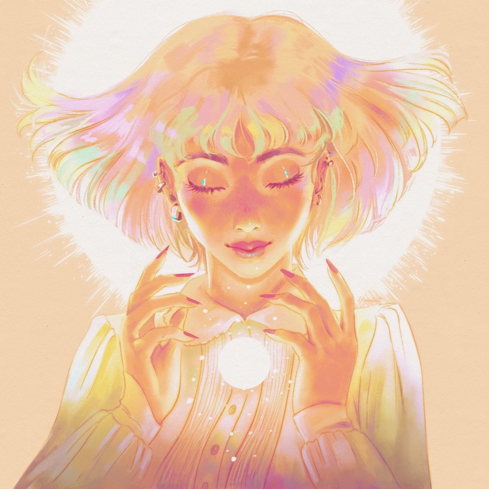 Fantasy art of a woman with blonde hair holding a light