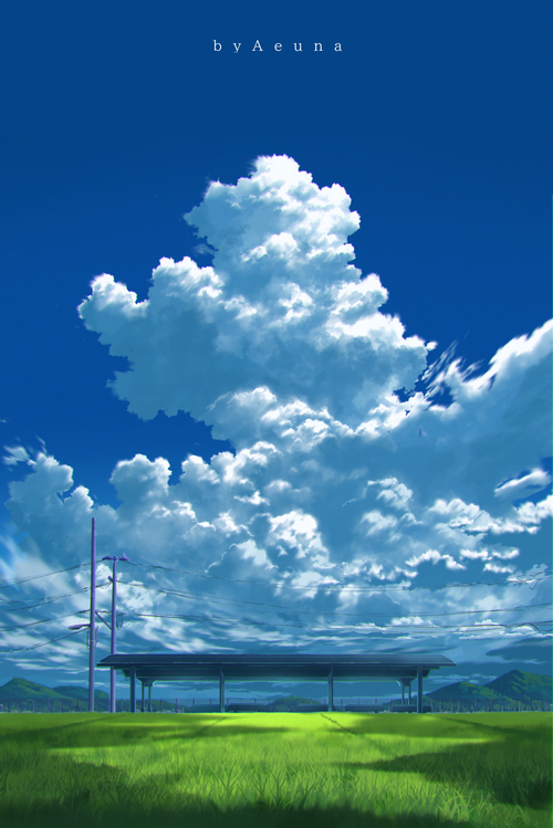 Illustration of a train station with clouds by Aeuna