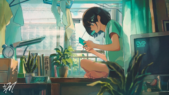 Anime girl playing on cellphone by the window