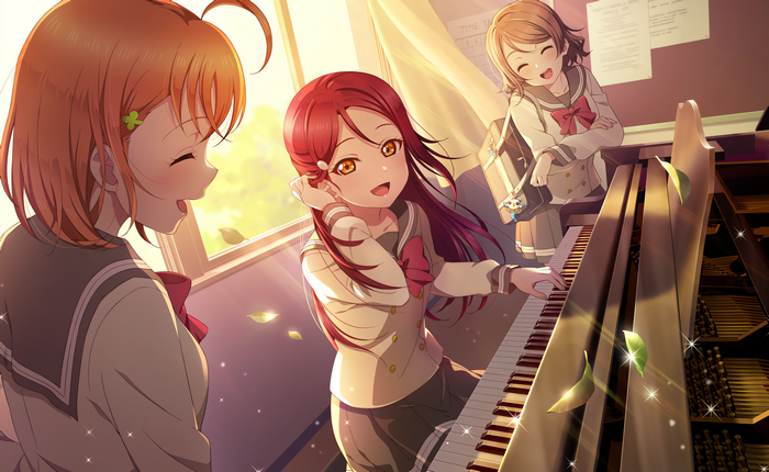 Love Live! Sunshine!! Schoolgirls playing piano at sunset