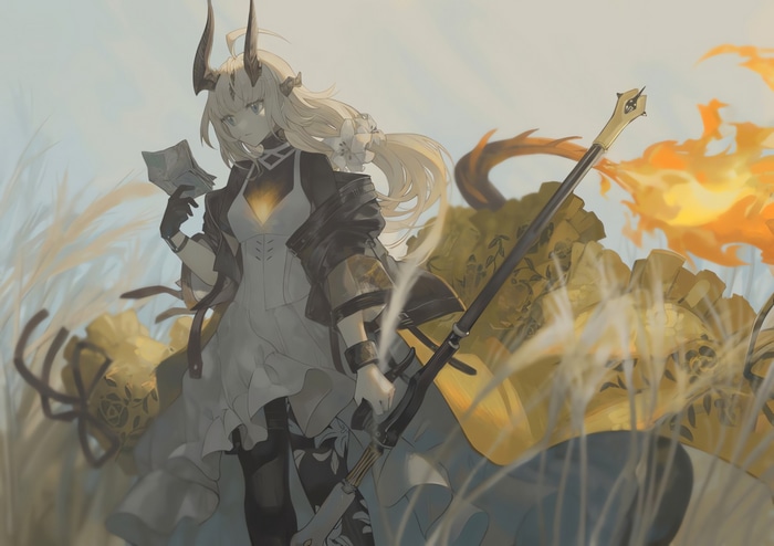 Reed The Flame Shadow from Arknights with dragon horns and tail