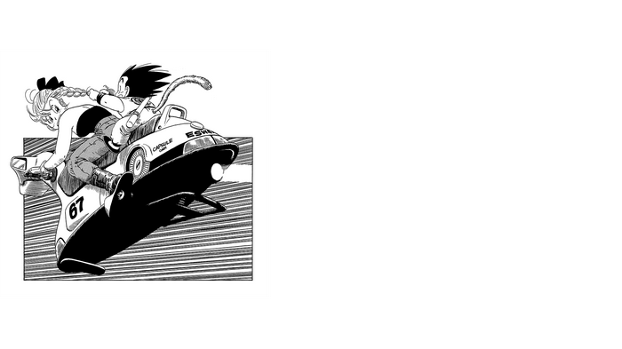 Kid Goku and Bulma riding a hoverbike