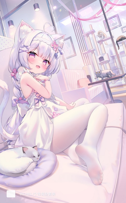 Cat girl with white hair and purple eyes sitting on a couch