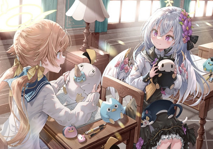 Blue Archive girls with plush toys in a sunlit room