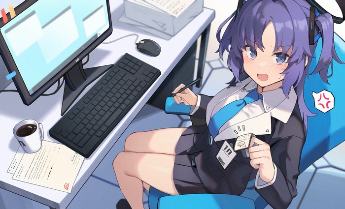 4K Blue Archive Hayase Yuuka at Computer