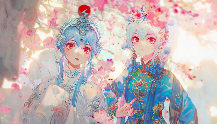 Two anime girls in traditional Chinese clothing with cherry blossoms