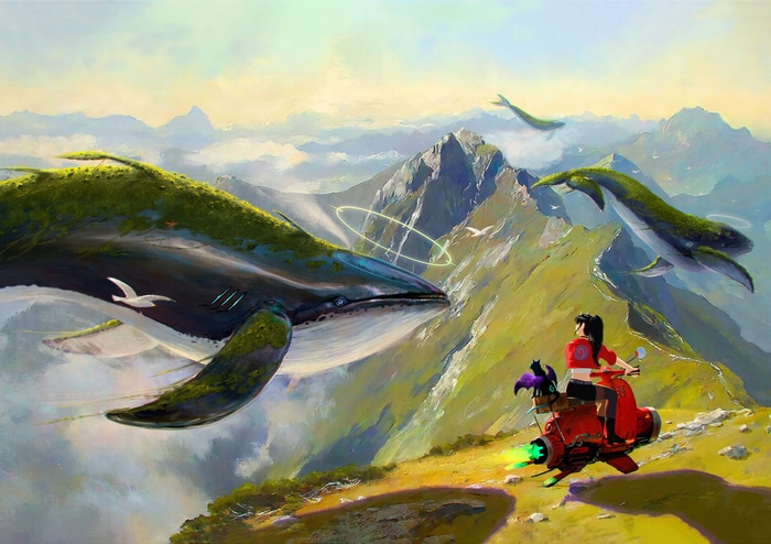 Oliver Wetter's fantasy art of flying whales and a girl on a motorcycle
