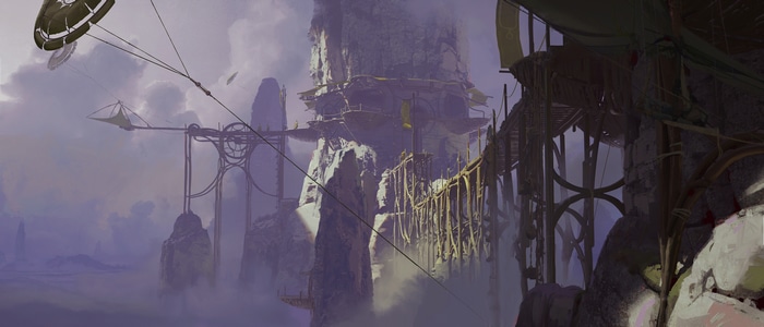 Fantasy art of floating islands with bridges and airships