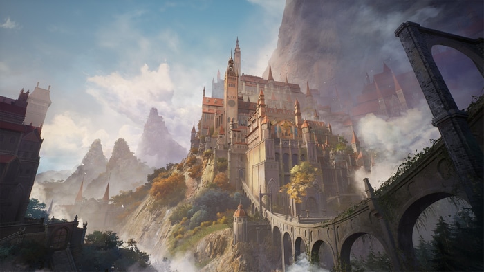 Fantasy castle on a mountain with bridges and clouds