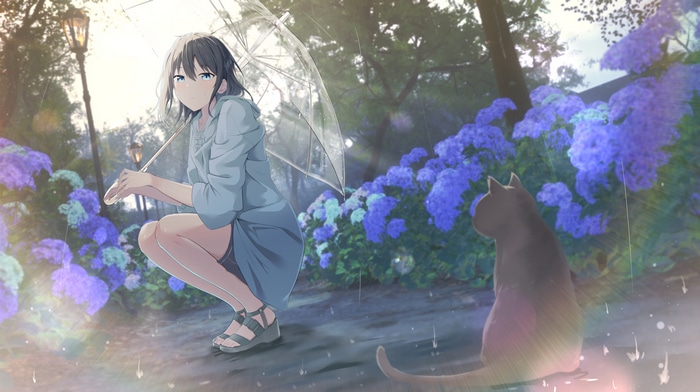 Girl with umbrella and cat in the rain with flowers