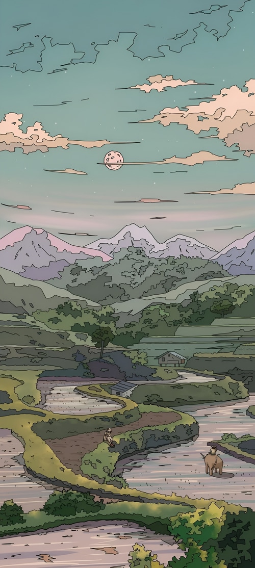 Animated landscape with mountains, clouds, and a moon